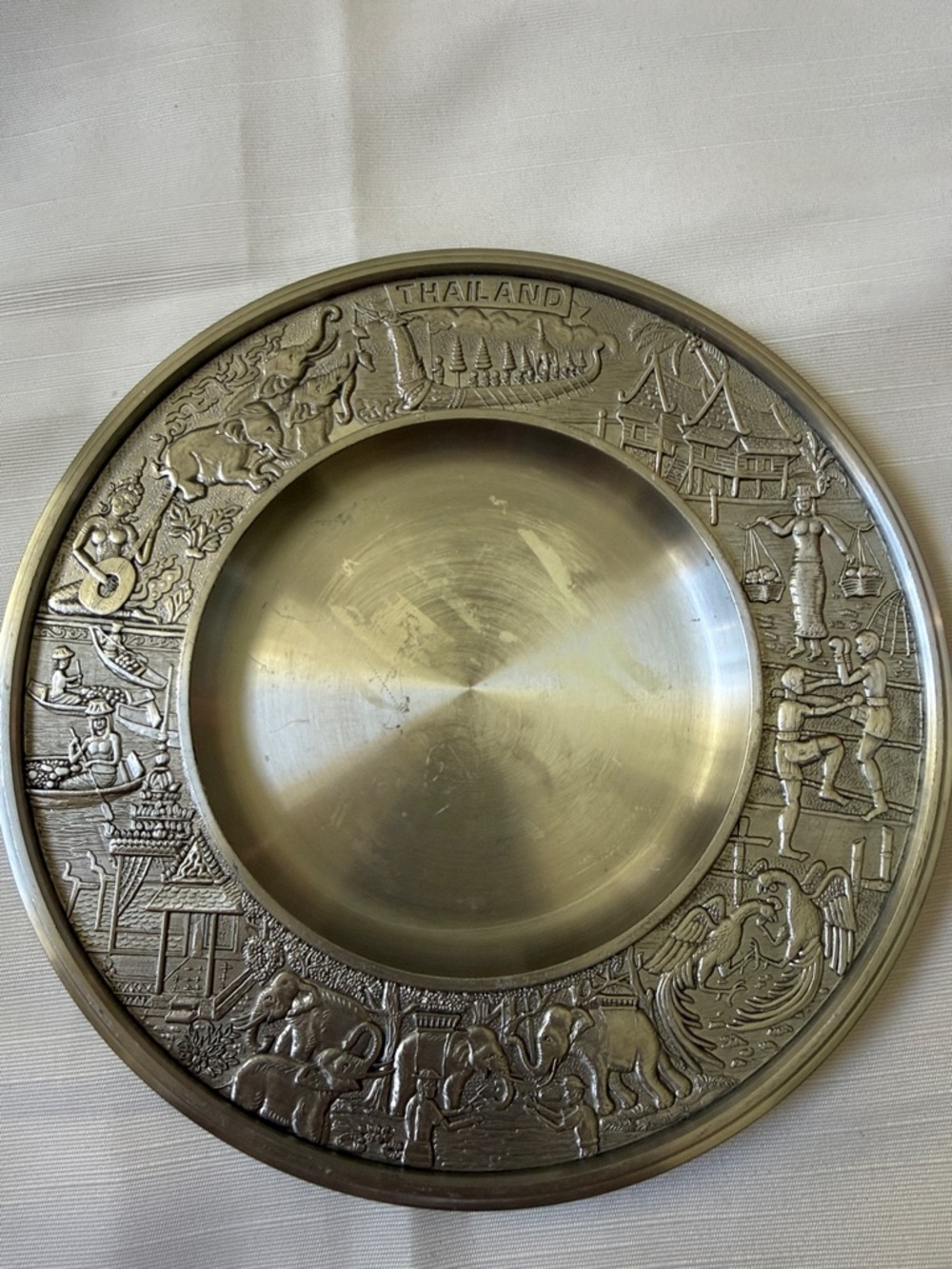 Thailand PV Pewter Decorative Storyteller embossed Plate Metallic Silver 7”